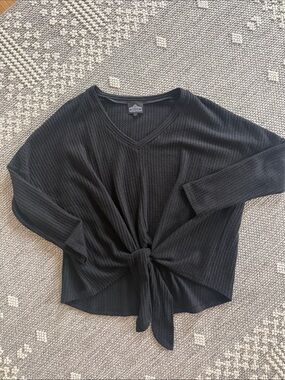 Angie Black V-Neck Tie-Front Waffle Knit Sweater